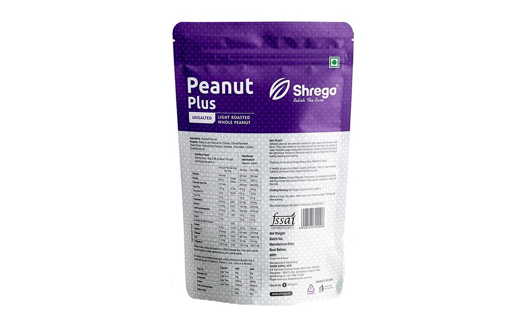 Shrego Peanut Plus Light Roasted Whole Peanut Unsalted   Pack  200 grams